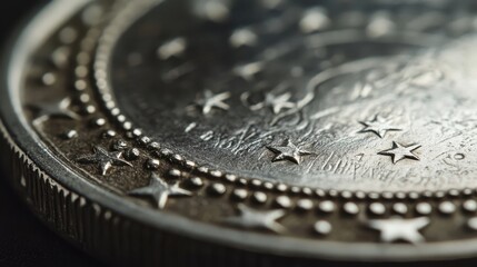 Detailed silver coin border with stars and shields softly lit showing fine textures