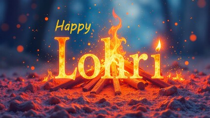 Happy Lohri greeting card. Traditional lori Indian holiday banner with bonfire and text.  Festive cartoon celebration background for Punjabi festival.