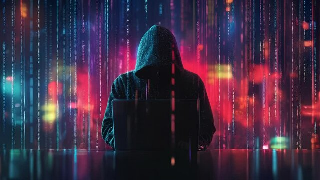 Mysterious hacker silhouette in hoodie coding at laptop, surrounded by vibrant neon digital data streams, evokes intrigue in cyber world of technology.
