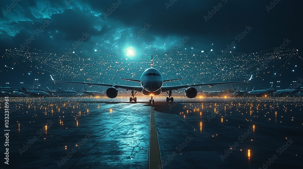 Canvas Prints a powerful airplane on an airport runway under a dramatic sky, illuminated by a luminous network web