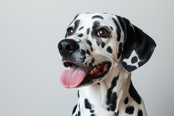 Dalmatian dog portrait with tongue out on white background. Dog looks left. Copy space , isolated on white background,  , free space text, copy space, copy space for text,
