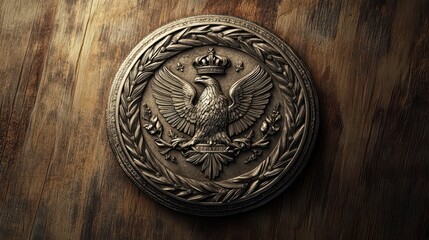 Imperial banner and eagles on silver medallion resting on wood warmly illuminated