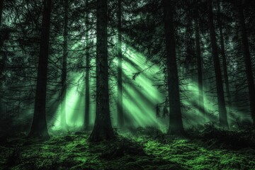 Fototapeta premium A mystical forest scene with green light beams piercing through tall trees, creating an enchanting atmosphere.