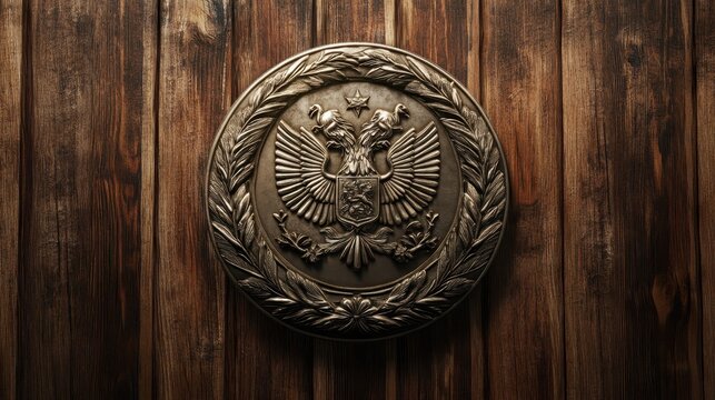 Silver medallion with laurel wreath and eagles resting on wood softly illuminated - Powered by Adobe