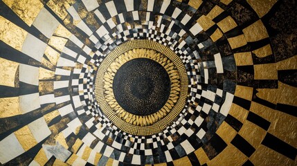 Fototapeta premium Ceiling mural of concentric circles in black gold and white filled with geometric patterns evenly lit
