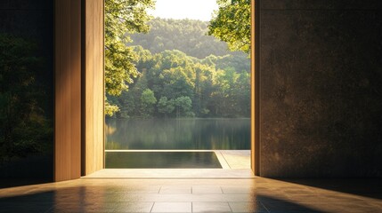 Serene lake view from rustic open door illuminated by golden sunlight in tranquil forest setting, water wellness concept