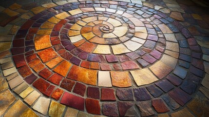 Fototapeta premium Mosaic of uneven red orange and yellow tiles forming spirals and triangles on the floor naturally lit