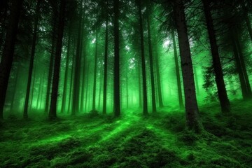 Naklejka premium A mystical forest scene with dense trees and vibrant green moss, creating an enchanting and serene atmosphere.