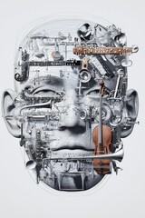 Artistic representation of a face integrated with musical instruments