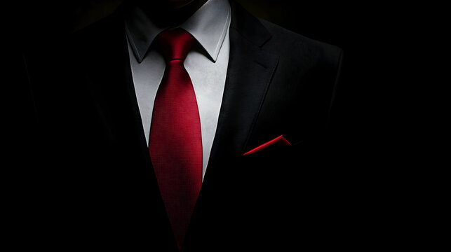 Minimalistic Portrait of a Man Wearing a Black Suit and Red Tie, Highlighting the Power and Authority of Formal Attire. Generative AI