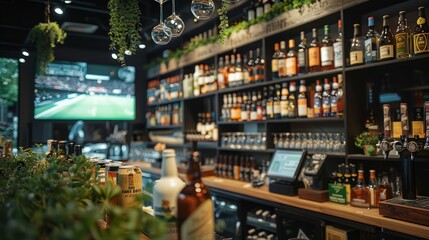 A modern bar with a television showing a sports game, shelves stocked with liquor bottles, and a wooden counter.