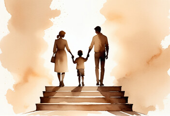 a simple watercolor drawing, a silhouette of a woman and a man holding the hands of a child climbing the stairs towards the light, symbolizing family well-being