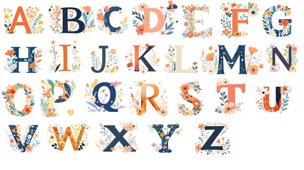 Floral English Alphabet A-Z in Modern Vector Style