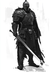 Fototapeta premium Man in heavy black plate armor holding a weapon in hand. 