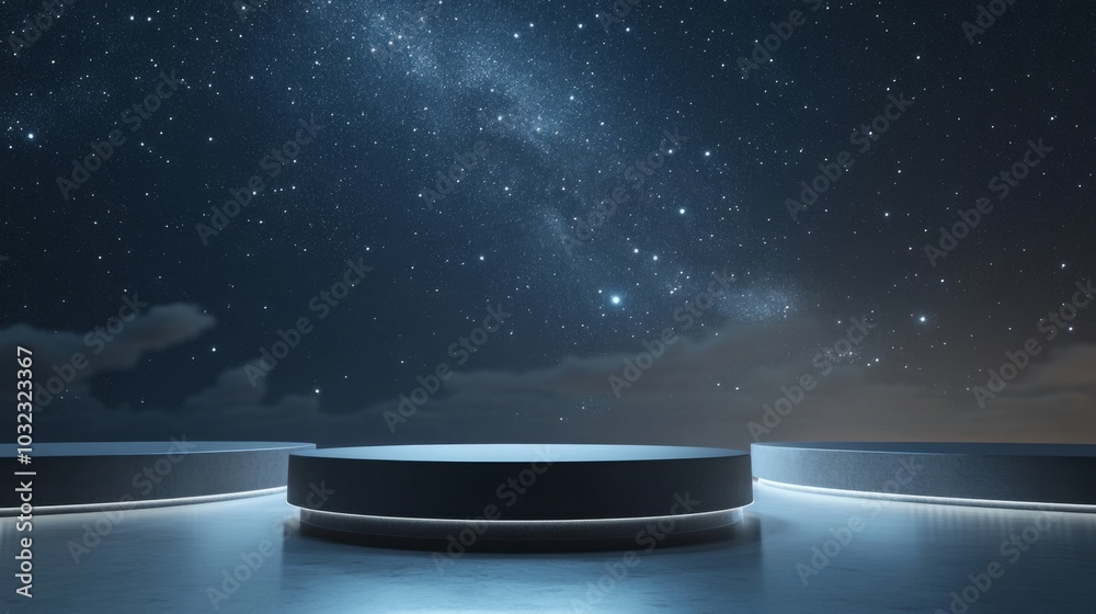 Poster a circular platform sits on a reflective surface under a night sky filled with stars. the platform i
