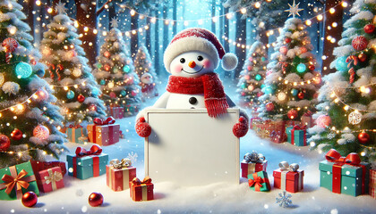 Smiling Snowman Holding a Blank White Sign in a Festive Snowy Forest with Christmas Lights and Ornaments. AI-generated