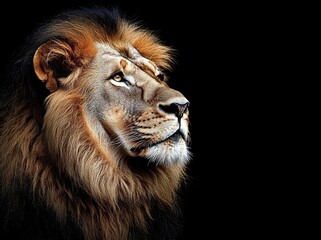 Fototapeta premium Portrait of a big male African lion on black , isolated on white background, , free space text, copy space, copy space for text,