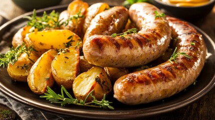 Fototapeta premium Grilled Sausages with Roasted Potatoes on Plate