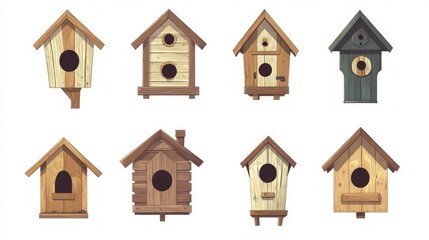 A collection of decorative birdhouses in various styles and colors.