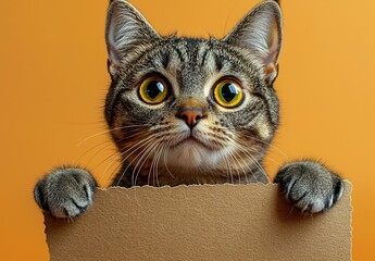 Portrait of a cat Scottish Straight with a banner in paws on a orange background , isolated on...