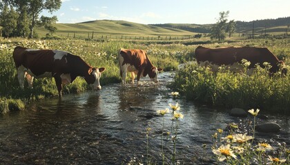 Three cows wade through a stream amidst wildflowers and rolling hills, capturing a serene rural landscape.