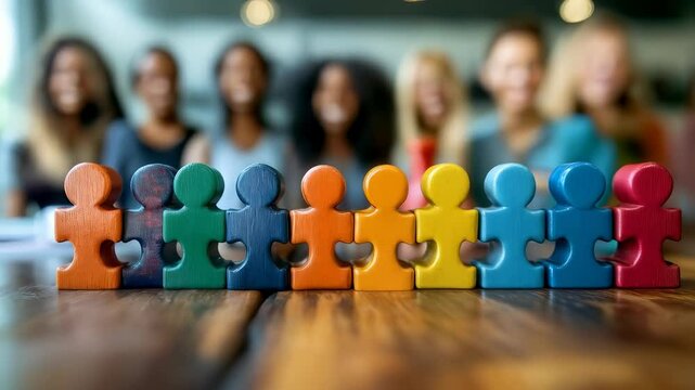 Colorful puzzle pieces symbolize teamwork and collaboration, showcasing smiling people in vibrant setting that captures essence of unity, connection, and diversity within group.