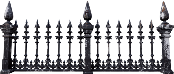A detailed black wrought iron fence with pointed finials, creating a striking boundary against a transparent background.