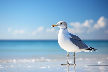 Obraz premium seagull over sea and blue sky , isolated on white background, , free space text, copy space, copy space for text,