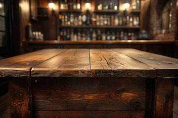 Rustic Wooden Table Top with Blurred Bar Shelves in Background