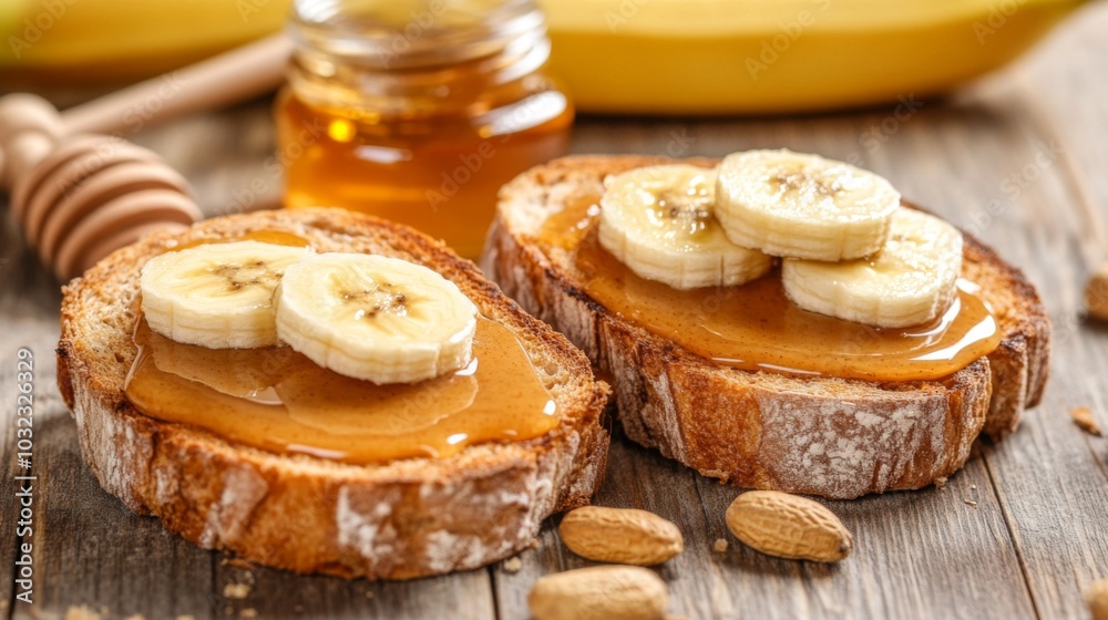 Poster toast with banana and honey on rustic wooden table