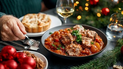 A warm and cozy scene of a family gathered around the dinner table savoring a homemade meal of slow cooked stew and comforting casserole dishes  They are enjoying time together