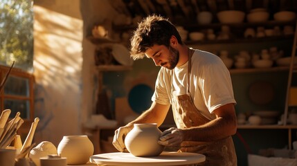 A young potter shapes clay into a beautiful pot in a sunlit pottery studio surrounded by handmade ceramics