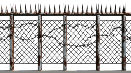 A weathered fence with rusty posts and barbed wire, set against a transparent background, suggesting themes of confinement and neglect.