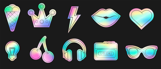 y2k retro hologram sticker pack. Holographic vintage emblem set.