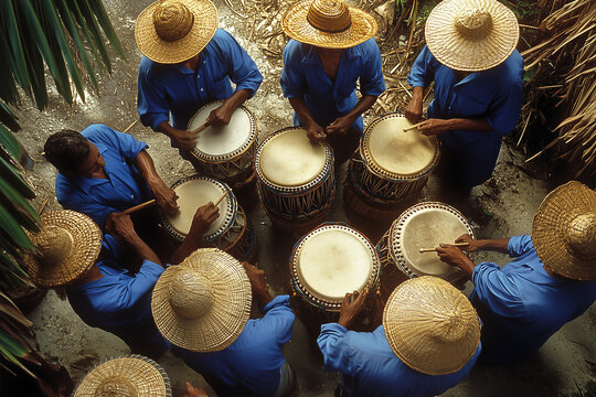 Desde las alturas, hombres en camisas azules y mujeres con sombreros de paja animan el ambiente con tambores tradicionales paname&ntilde;os.