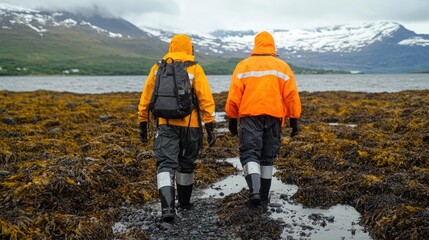 Two individuals in bright orange gear walk through seaweed on a coastal landscape, surrounded by mountains and a body of water under a cloudy sky.