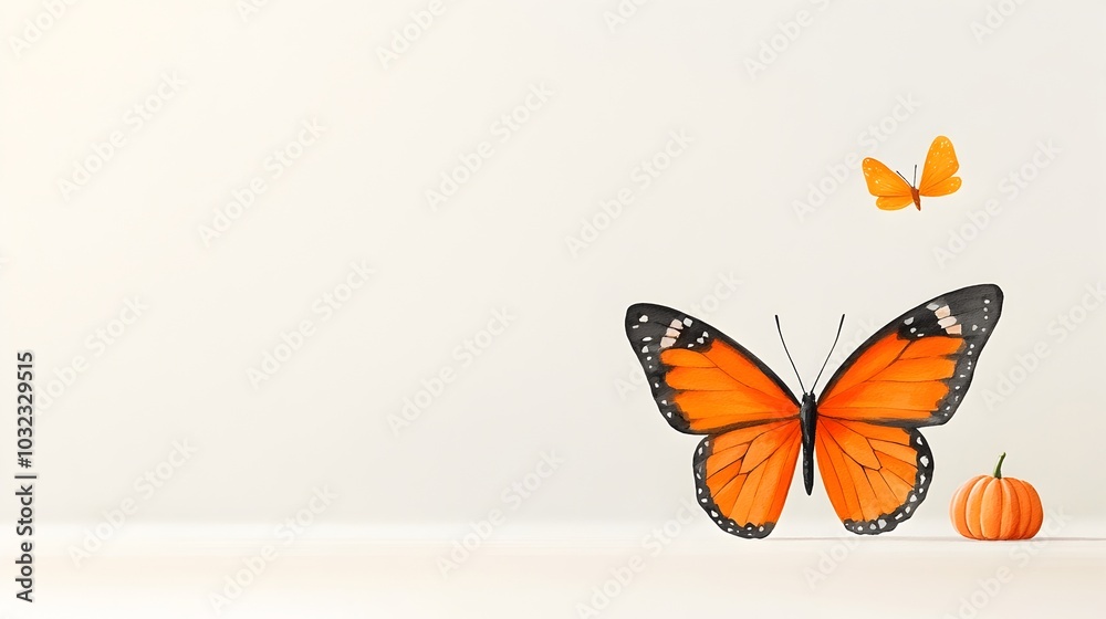 Poster beautiful vibrant orange and black monarch butterfly watercolor with subtle halloween elements isola