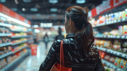 A woman engaged in conversation with a supermarket employee while shopping for groceries.