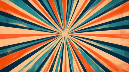 Fototapeta premium Abstract vintage sunburst background with blue, red, orange, and yellow stripes.