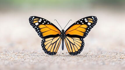 Naklejka premium Elegant watercolor monarch butterfly with glowing orange wings contrasted against a light isolated background evoking a subtle Halloween atmosphere and feel