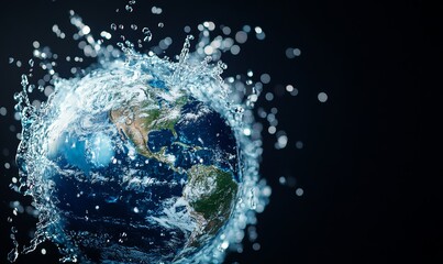 Obraz premium Water droplets forming the shape of continents on a globe, emphasizing the interconnectedness of water resources worldwide, Global water awareness, Generative AI