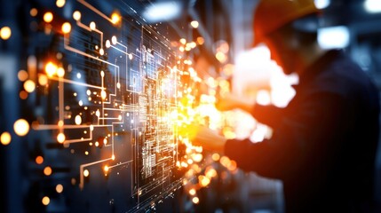 Obraz premium Innovative technology integration a skilled worker enhancing digital interfaces and connectivity in modern industry settings