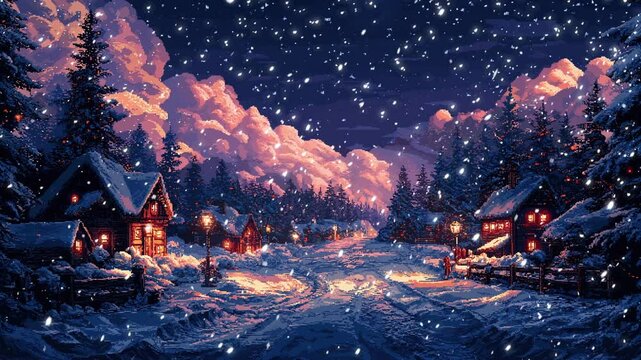 A winter scene with houses and trees in the snow. Pixel art. 