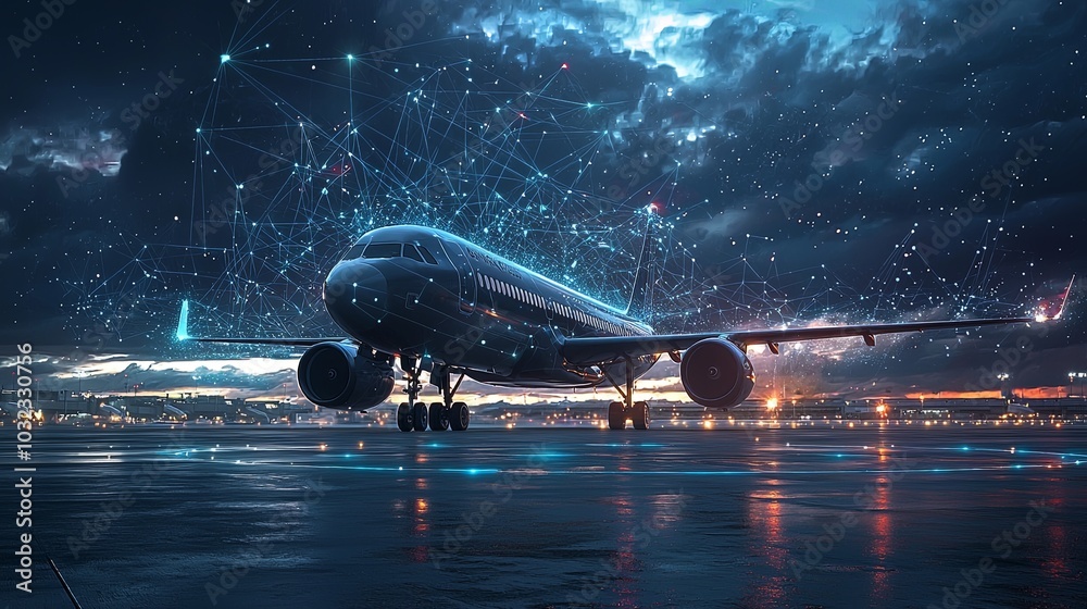 Canvas Prints a modern airplane on a runway at dusk, highlighted by digital network lines representing connectivit