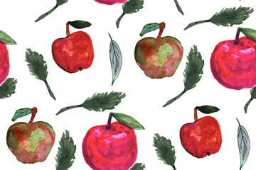 Vector Hand-Drawn Apple and Leaf Seamless Pattern on White Background
