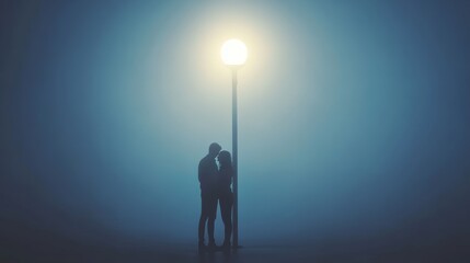 Fototapeta premium A couple standing under a single streetlight in a misty fog, soft focus, deep shadows, emotional scene