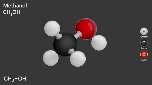 Methanol (CH4O) is the simplest alcohol, commonly known as wood alcohol. It is a colorless, volatile liquid used as an industrial solvent, antifreeze, and fuel. Gray background. 3D render.