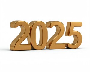 Die goldene Jahreszahl 2025 steht auf einem schlichten weißen Hintergrund und wirkt elegant und minimalistisch, ohne zusätzliche dekorative Elemente. Generative KI.