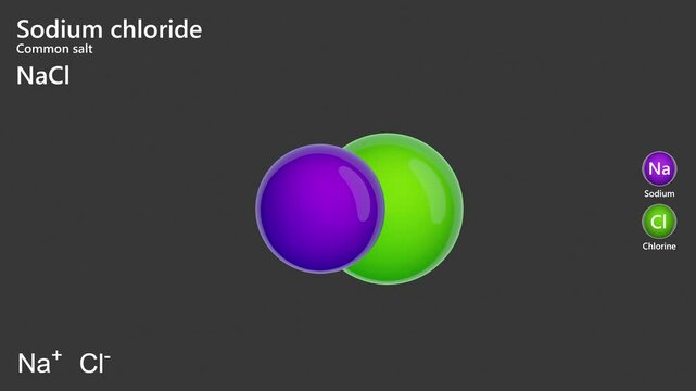 Sodium chloride (NaCl), or table salt, is an essential ionic compound. It plays a vital role in maintaining fluid balance, nerve transmission, and muscle function. Gray background. 3D rendering