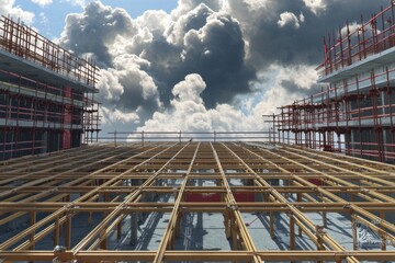 A construction site with scaffolding and a wooden framework under a cloudy sky.